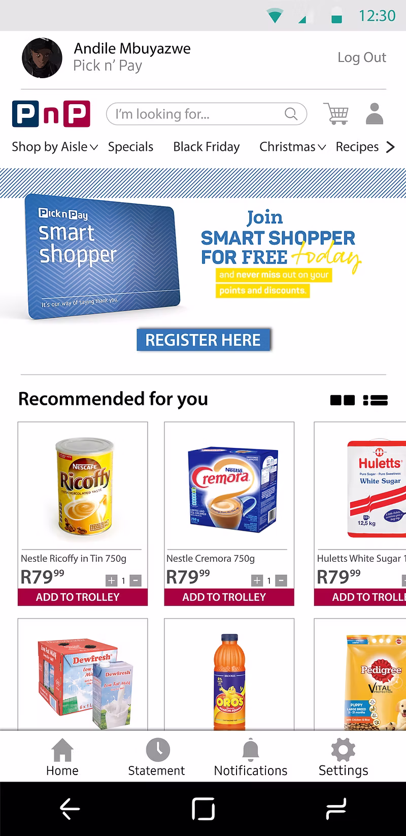 ABSA Online Store Menu